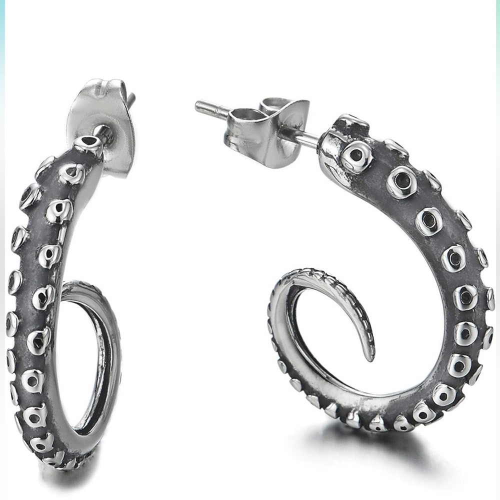 Vintage Style Earrings With Octopus Tentacle|Unisex Marine Animal Hoop Earrings